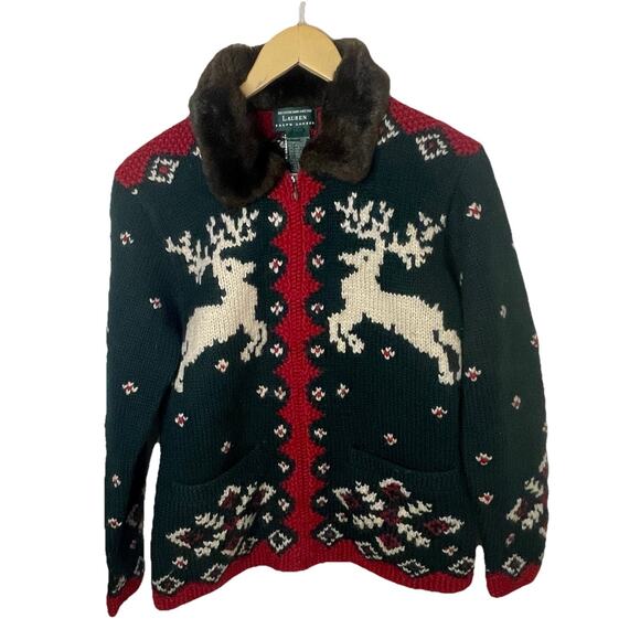 VTG Ralph Lauren Handknit Reindeer Wool Sweater Cardigan Faux Fur Holiday Sz S/M - Picture 3 of 16
